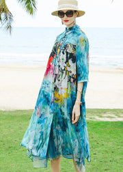 Boho Blue O-Neck Tasseled Print Silk Two Piece Set Outfits Summer