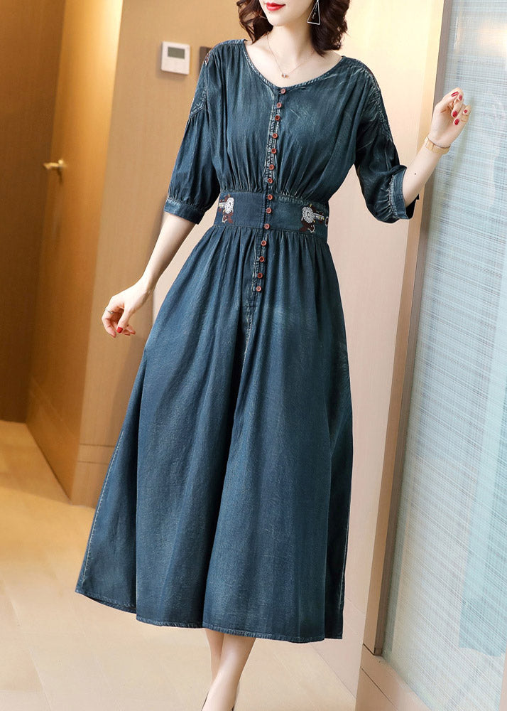 Boho Blue O-Neck Wrinkled Tunic Cotton Denim Maxi Dress Long Sleeve