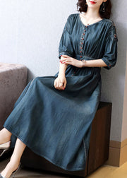 Boho Blue O-Neck Wrinkled Tunic Cotton Denim Maxi Dress Long Sleeve