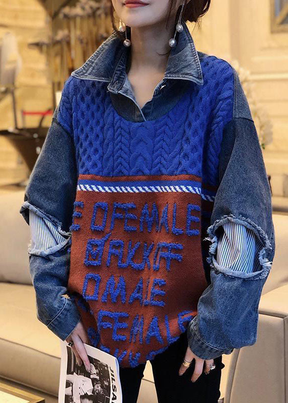 Boho Blue Patchwork Denim Hole Loose Fall Knit Knitted sweaters