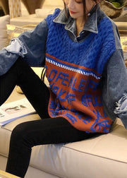 Boho Blue Patchwork Denim Hole Loose Fall Knit Knitted sweaters