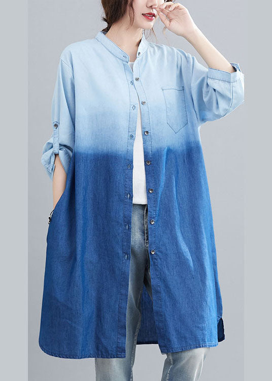 Boho Blue Pockets Button Gradient color Fall Denim Trench Long sleeve