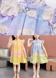 Boho Blue Print Button Girls Mid Dress Short Sleeve