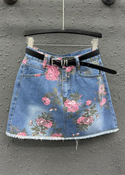 Boho Blue Print High Waist Sashes Skirt Summer