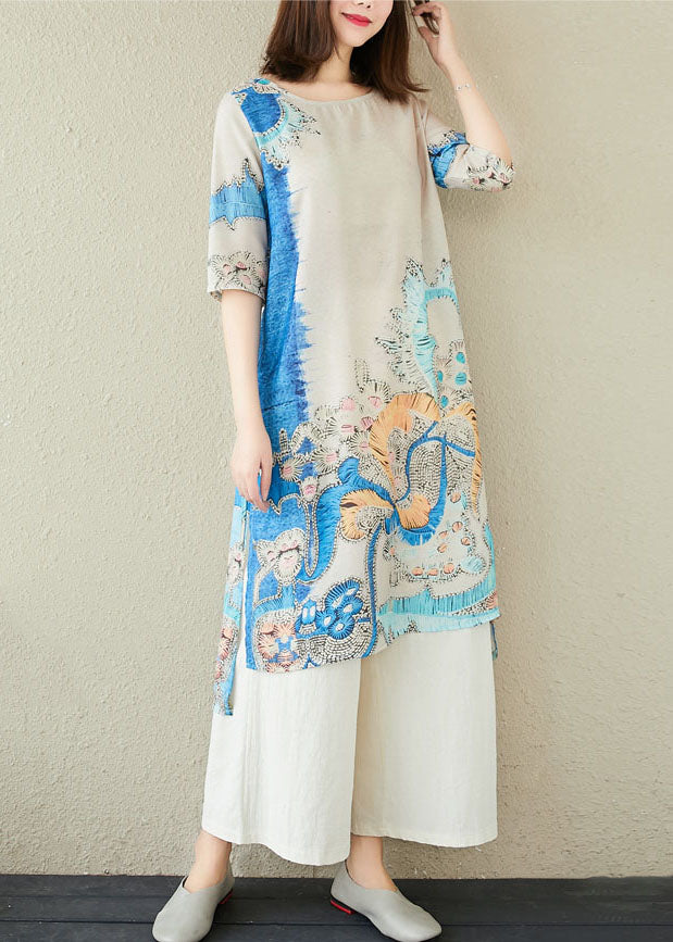 Boho Blue Print O-Neck Side Open Linen Two Piece Set Women Clothing Summer