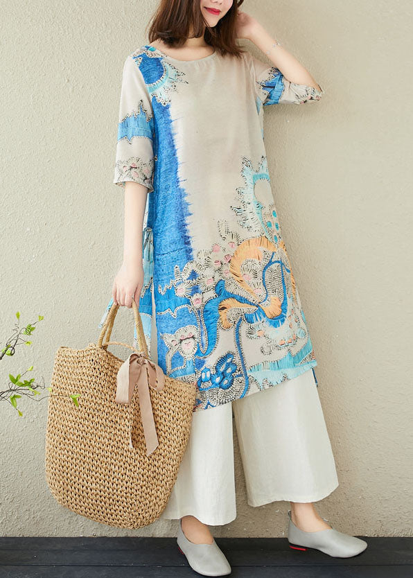 Boho Blue Print O-Neck Side Open Linen Two Piece Set Women Clothing Summer
