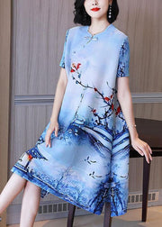 Boho Blue Print Oriental Mid Dress Summer - SooLinen