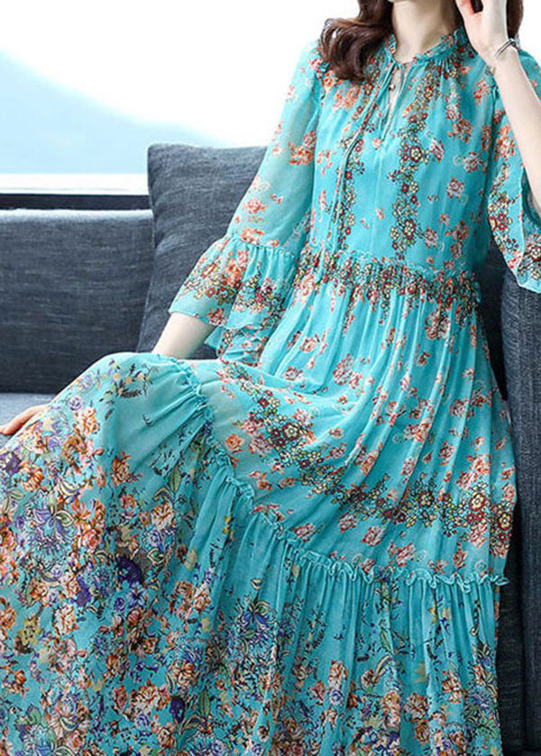 Boho Blue Ruffled Patchwork Print Silk Maxi Dress Flare Sleeve