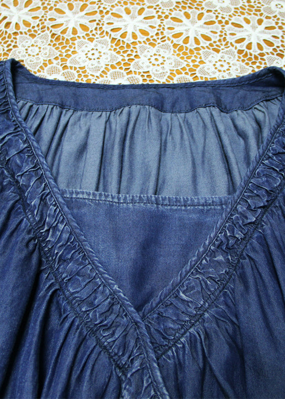 Boho Blue Square Kragen Krawatte Taille Baumwollkleider mit langen Ärmeln