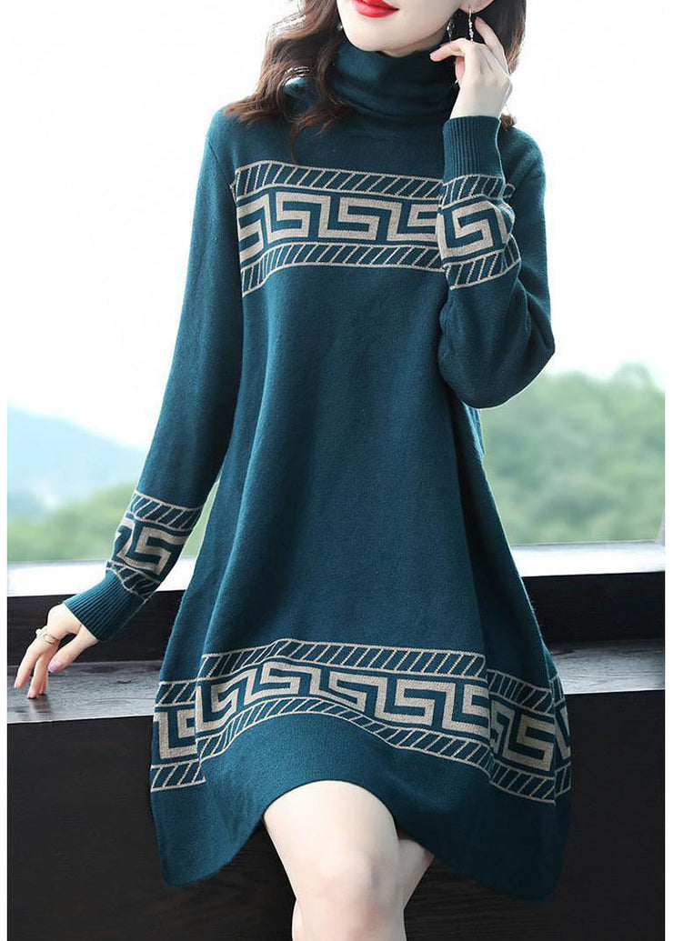 Boho Blue Turtle Neck Thick Print Long Sweater Long Sleeve