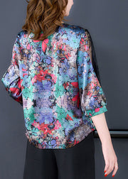 Boho Blue V Neck Butterfly Print Lace Patchwork Silk Shirt Half Sleeve