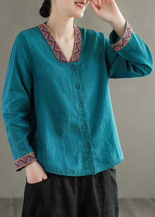 Boho Blue V Neck Embroidered Button Linen Shirt Long Sleeve