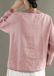 Boho Blue V Neck Embroidered Button Linen Shirt Long Sleeve