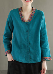 Boho Blue V Neck Embroidered Patchwork Linen Shirts Top Spring