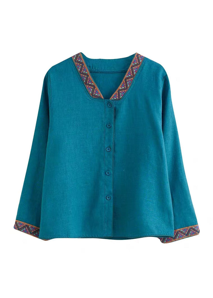 Boho Blue V Neck Embroidered Patchwork Linen Shirts Top Spring
