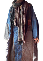 Boho Blue V Neck Patchwork Plus Size Fine Cotton Filled Coat Winter