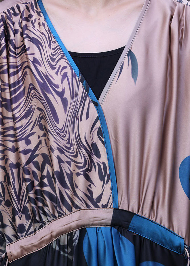 Boho Blue V Neck Patchwork Print Drawstring Pockets Silk Dress Long Sleeve