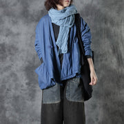 Boho Blau V-Ausschnitt Taschen Baumwolle Winter Langarm Mantel