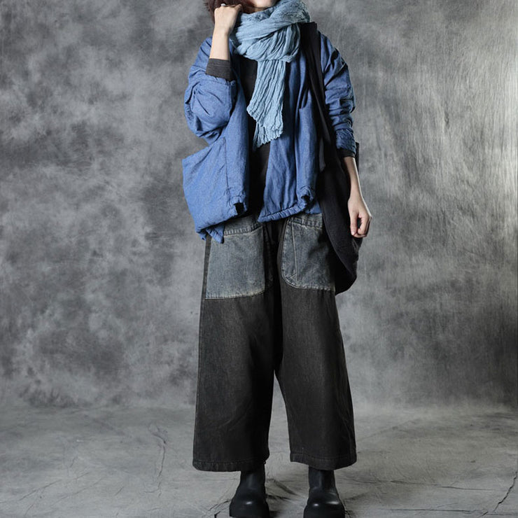 Boho Blau V-Ausschnitt Taschen Baumwolle Winter Langarm Mantel