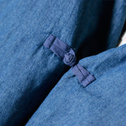Boho Blue V Neck Pockets Cotton Winter Long sleeve Coat