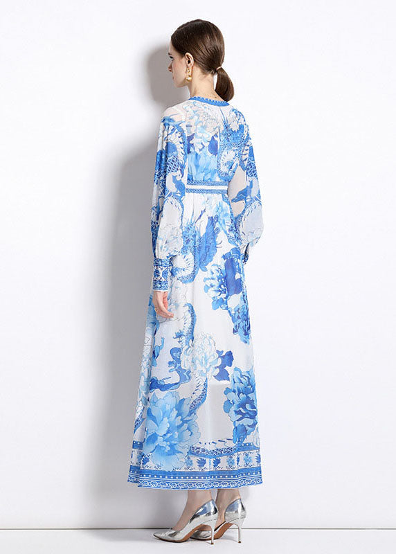 Boho Blue V Neck Print Patchwork Chiffon Vacation Dresses Long Sleeve