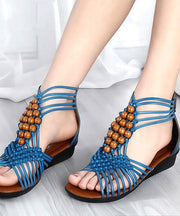Boho Blue Wedge Genuine Leather Women Cross Beaded Strap Sandals