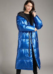 Boho Blue hooded Pockets long Winter Duck Down coat