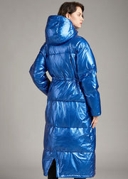 Boho Blue hooded Pockets long Winter Duck Down coat