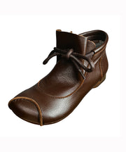 Boho Brown Cowhide Leather Ankle Boots Lace Up Soft Splicing