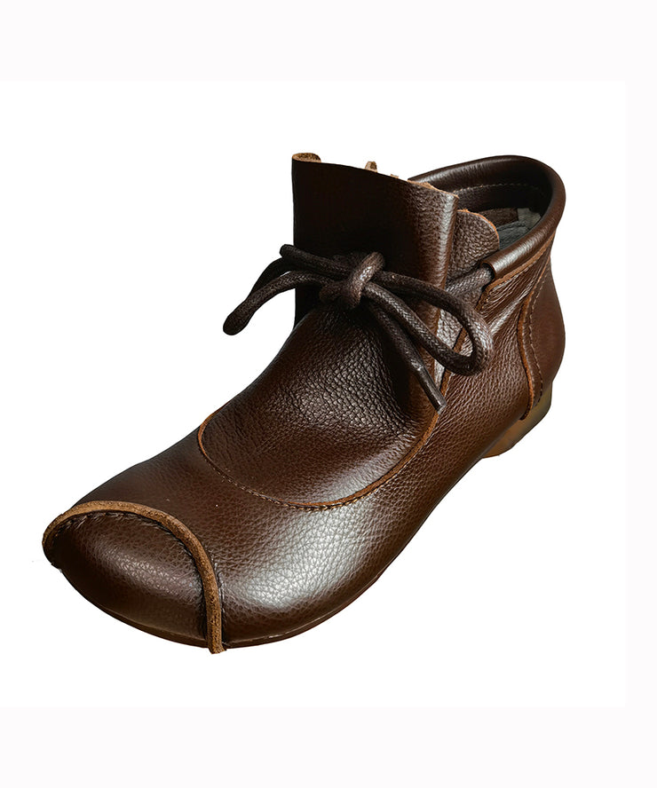 Boho Brown Cowhide Leather Ankle Boots Lace Up Soft Splicing