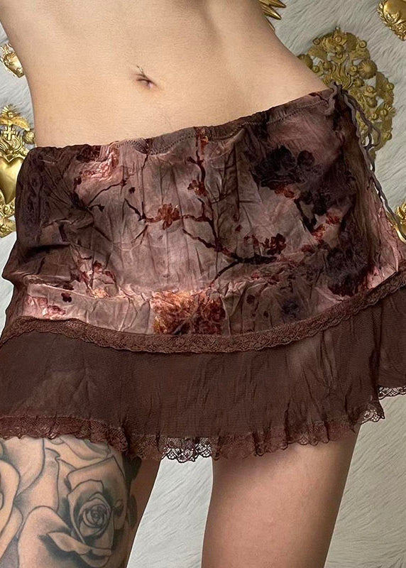 Boho Brown Tie Dye Print Drawstring Tulle Patchwork Skirt Summer