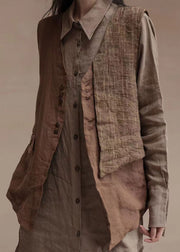Boho Brown V Neck Asymmetrical Design Patchwork Linen Waistcoat Top Sleeveless