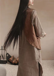 Boho Brown V Neck Asymmetrical Design Patchwork Linen Waistcoat Top Sleeveless