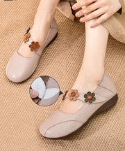 Boho Buckle Strap Flat Shoes For Women Apricot Floral Cowhide Leather
