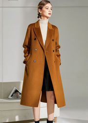 Boho Caramel Peter Pan Collar Sashes Woolen Double Breasted Coat Winter