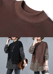 Boho Chocolate Colour O-Neck Patchwork Fake Two Pieces Sweatshirt Long Sleeve