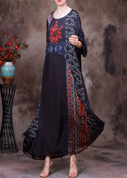 Boho Chocolate Colour Print Patchwork Silk Maxi Dress Long Sleeve