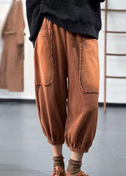 Boho Chocolate Elastic Waist Pockets Patchwork Applique Cotton Harem Pants Fall
