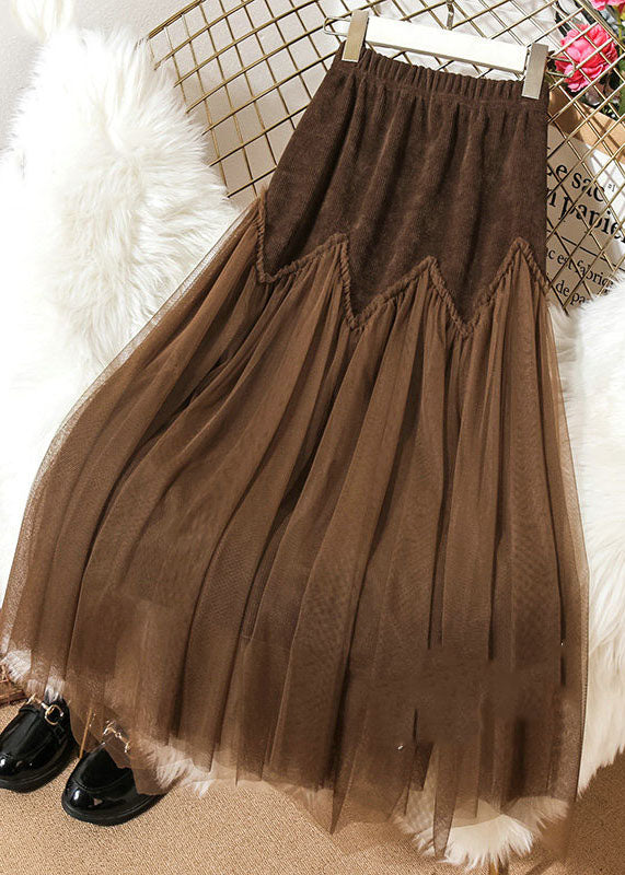 Boho Chocolate High Waist Patchwork Corduroy Wrinkled Tulle Skirt Spring