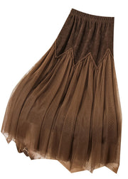 Boho Chocolate High Waist Patchwork Corduroy Wrinkled Tulle Skirt Spring
