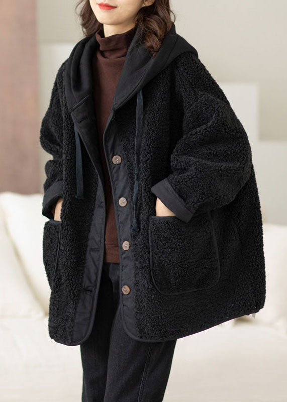 Boho Coffee Patchwork Button Thick Faux Fur Hooded Coats Winter