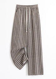 Boho Coffee Striped Patchwork Elastic Waist Cotton Wide Leg Pants Spring