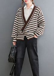 Boho Chocolate V Neck Striped Cozy Knit Coat Outwear Spring