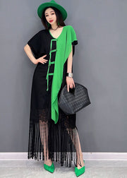 Boho Colorblock Asymmetrical Patchwork Tassel Lace Vacation Dress Short Sleeve