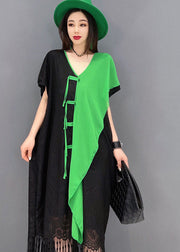 Boho Colorblock Asymmetrical Patchwork Tassel Lace Vacation Dress Short Sleeve