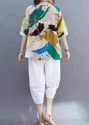 Boho Colorblock O Neck Patchwork Linen T Shirt Summer