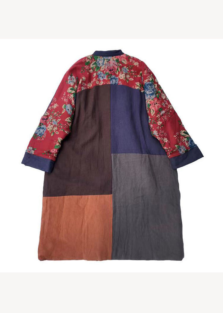 Boho Colorblock Pockets Patchwork Plus Size Fine Cotton Filled Coat Winter