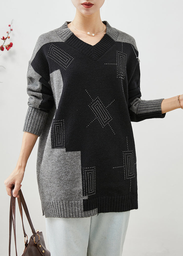 Boho Colorblock V Neck Patchwork Thick Knitted Tops Winter