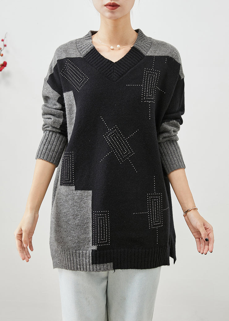 Boho Colorblock V Neck Patchwork Thick Knitted Tops Winter