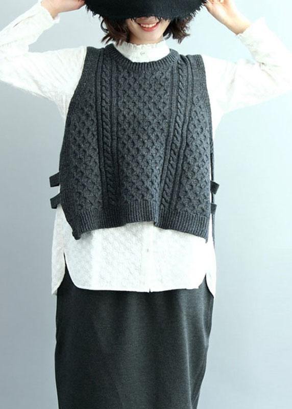 Boho Dark Gray O-Neck Side Open low High Design Fall Knit Vest - SooLinen